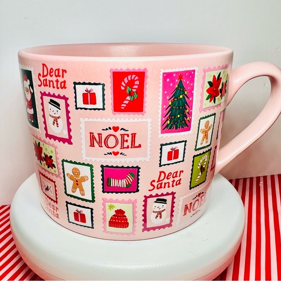 Festive Pink Holiday Mug with Christmas Stamps Dear Santa Snowman Noel Stocking - Picture 13 of 14
